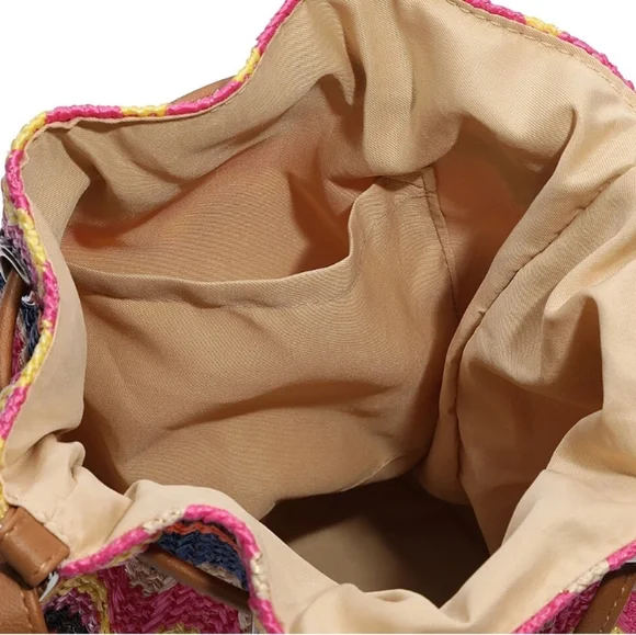 💘CROWN VINTAGE💞 Chevron Print Woven Straw Raffia Bucket Bag💙 Purse boho - Picture 2 of 11